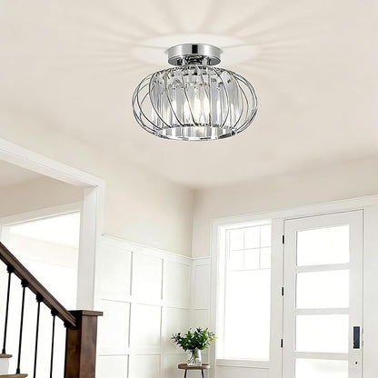 Semi Flush Mount Crystal Ceiling Light, Metal Cage Hallway Ceiling Lamps, Farmhouse Ceiling Light Fixture, Industrial Crystal Chandelier for Corridor Bathroom Kitchen (1, Chrome, 11 Inch)