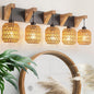 5-Light Bathroom Vanity Light Fixtures, Rustic Style Rattan Vanity Lights with Handmade Bamboo Woven Boho Wicker Lampshade, Farmhouse Wooden Bracket, Suit for Stairway Bedroom and Hallway