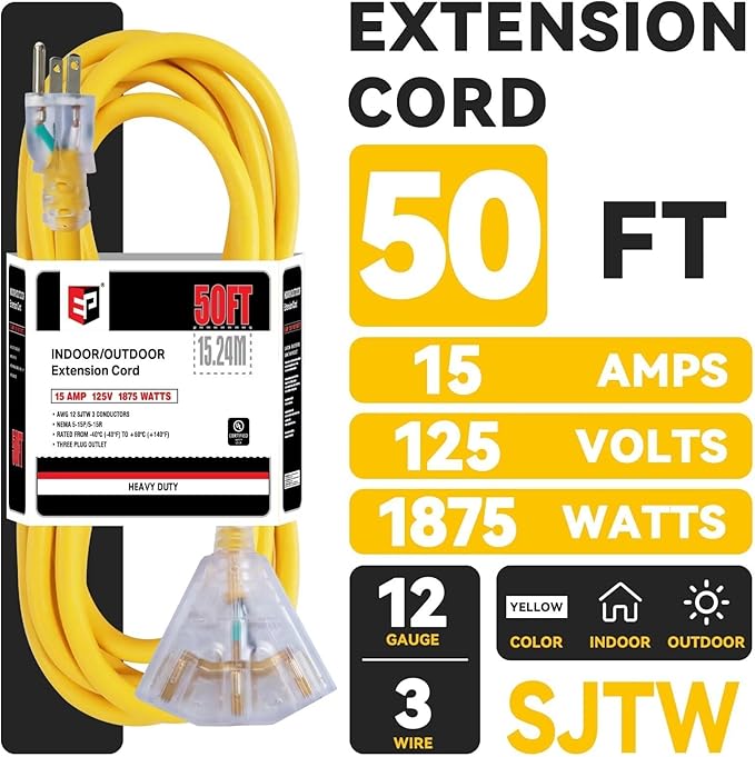 EP 50 Ft 12 Gauge Heavy Duty Extension Cord, 15A 125V 1875W, 3 Outlet Indoor/Outdoor Power Cord with Lighted End, 12/3 SJTW Weatherproof Yellow, UL Listed