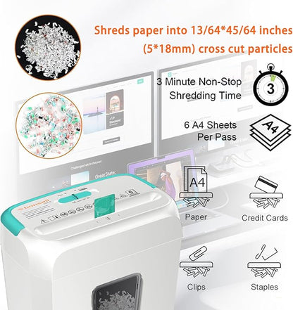 Bonsaii High Security Shredding Paper Shredder, 6-Sheet Cross-Cut, Credit Card Shredder, Home Office, Handle for Document, Mail, Staple, 3.4 Gal Wastebasket, White & Blue