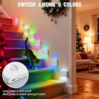 3 Pack Wireless Rechargeable Motion Sensor Stair Light, Smart Led Motion Activated Battery Operated Night Lights, RGBW Stick On Closet Lamp Indoor for Step Cabinet Hallway Bathroom Stairway