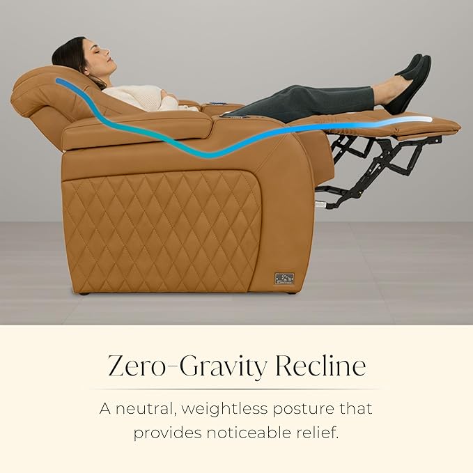 Seatcraft Diamante Zero-Gravity CoolZero Italian Leather Home Theater Seating, Power Headrest, Power Recline, Row of 3 Left Loveseat, Tan Oak