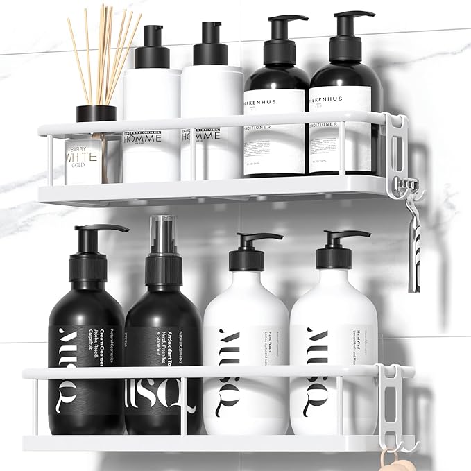 YASONIC Shower Caddy Adhesive, No Drill Bathroom Shower Organizers, with Removable Hooks, Rust Proof Shower Shelves, Wall-Mounted Shower Holder, White, 2 Pack