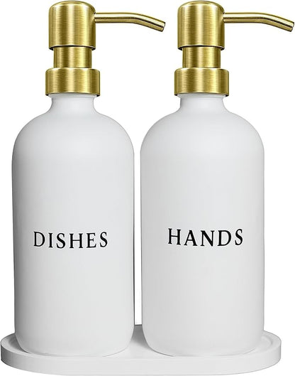 Glass Hand and Dish Soap Dispenser Set with Bamboo Tray – 16 oz Kitchen Soap Dispenser Set, Gold Pumps, Silicone Funnel – Modern Farmhouse Kitchen Sink Decor and Accessories