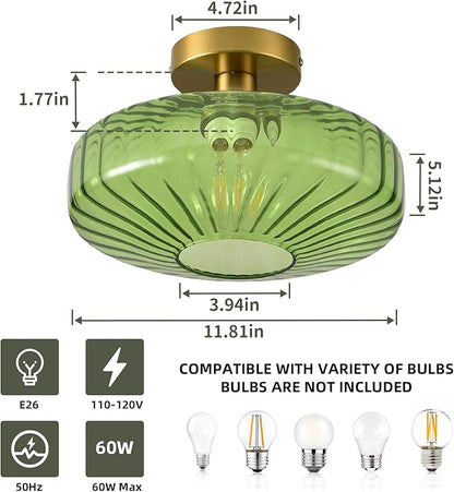 Semi Flush Mount Ceiling Light,11.8 Inch Vintage Green Glass Ceiling Light Fixture,Art Deco Kitchen Lighting Fixtures Ceiling for Hallway Porch Bedroom Bathroom Dining room,E26 Base(Bulb Not Included)