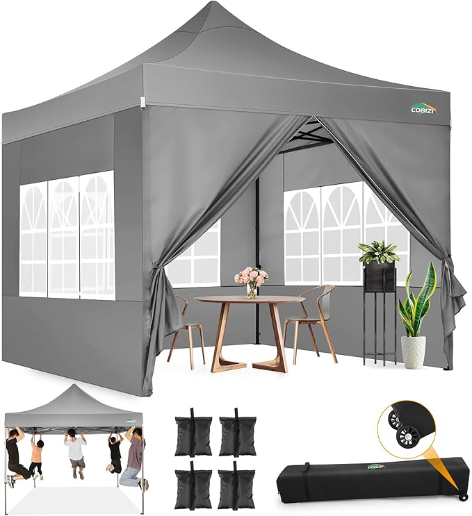 COBIZI 10x10 Pop Up Canopy with Sidewalls Heavy Duty Party Tent with Removable Awning Easy Up Outdoor Canopy Wedding, All Season Windproof&Waterproof with Roller Bag UPF 50+, Gray