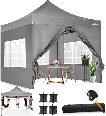COBIZI 10x10 Pop Up Canopy with Sidewalls Heavy Duty Party Tent with Removable Awning Easy Up Outdoor Canopy Wedding, All Season Windproof&Waterproof with Roller Bag UPF 50+, Gray