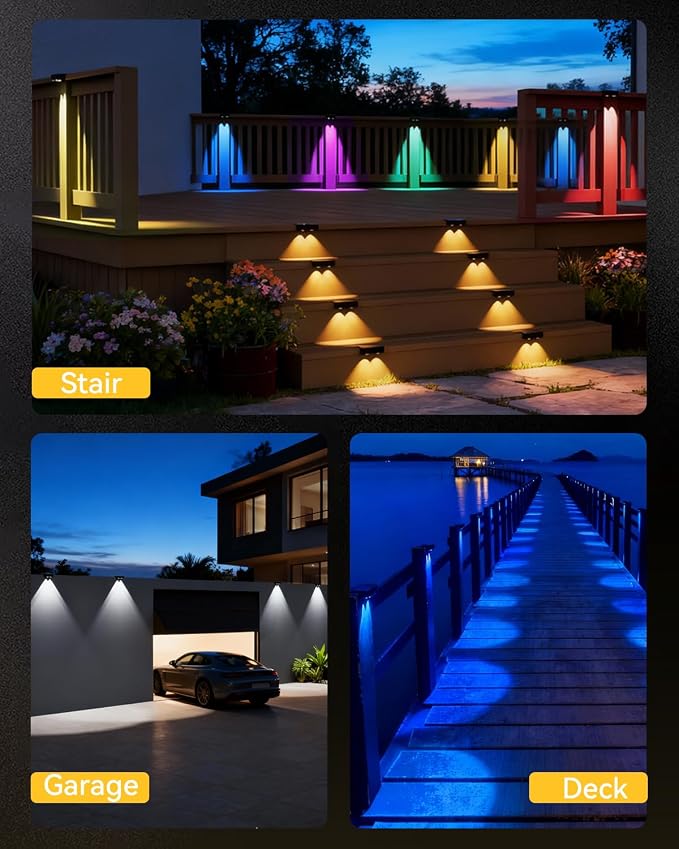 Solar Fence Lights Outdoor with Remote 8 Pack, Warm/Cool White & RGB 12 Modes, Deck Lights Solar Powered Waterproof, Led Backyard Lights for Step Stairs Railing Balcony Patio Decor