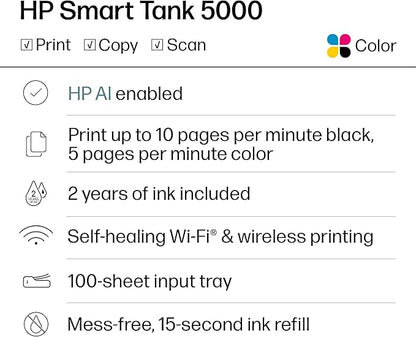 HP Smart Tank 5000 Wireless All-in-One Ink Tank Printer, Scanner, Copier with 2 Years of Ink Included, Best-for-Home, Cartridge-Free, Refillable, AI-Enabled (5D1B6A)
