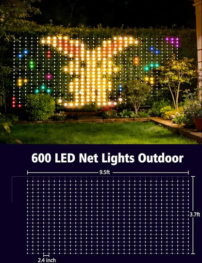 echosari 600 LED Net Lights Outdoor, 3.7 * 9.5ft Smart RGB&IC Net Lights with App/Remote Control, DIY Modes, Waterproof Mesh Light for Patio Bush Decor (Clear Wire)