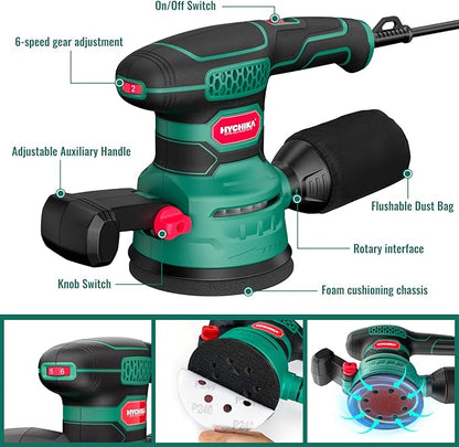 Orbital Sander 3.8Amp 450W, HYCHIKA 6 Variable Speeds Double Handle Palm Random Orbit Power Sander, 5-Inch Electric Sander with 20pcs Sandpapers, Dust Collector for Woodworking
