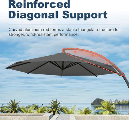 12FT Cantilever Umbrella with Base Large Curvy Outdoor Aluminum Offset Umbrella w/ 360° Rotation, UV Resistant Canopy for Patio, Garden, Backyard, Grey