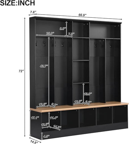 66.9" Wide Hall Tree with Storage Bench, Shoe Cabinet with Cube Storage & Shelves, Coat Rack with 8 Hooks for Entryways