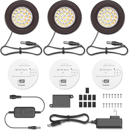 GETINLIGHT 2.5" Wide 3000K Dimmable LED Puck Lights Kit, Plug-in Installation with Recessed or Surface Mounted, Bronze Finish Over Metal Construction, Set of 3, IN-0113-3-BZ