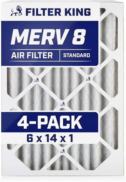 Filter King 6x14x1 Air Filter | 4-PACK | MERV 8 HVAC Pleated A/C Furnace Filters | MADE IN USA | Actual Size: 6 x 14 x .75"