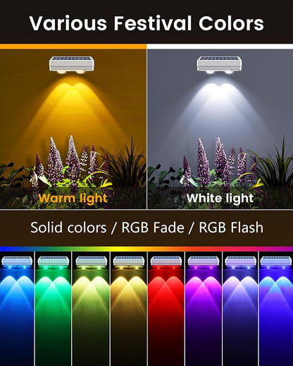 JOFIOS Solar Fence Lights Outdoor Waterproof, 80 Lumens Solar Lights for Fence with Warm White & RGB 8 Colors,Outdoor Solar Light for Deck, Patio, Backyard, Fence, Railing (12-Pack-White)