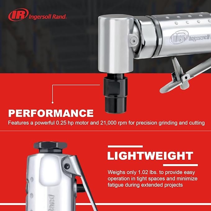Ingersoll Rand 301B Air Die Grinder – 1/4", Right Angle, 21,000 RPM, Ball Bearing Construction, Safety Lock, Aluminum Housing, Lightweight Power Tool, Black