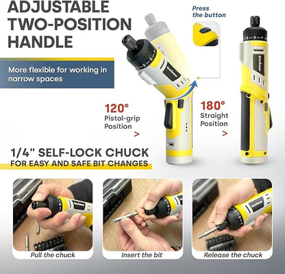 Enventor 4V Cordless Power Screwdriver Kit, Electric Screwdriver Set with 52pcs Accessories, 2000mAh Battery, Type-C Charging, 4.5Nm Screw Gun, 9+1 Torque Setting, 2 Position Handle, LED & Flashlight
