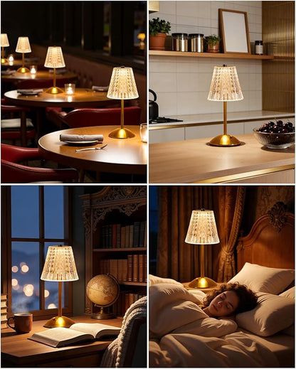 Nusogon Rechargeable Cordless Table Lamp, Touch Control Crystal Desk Lamp with 3500mAh Battery, 3 Color Dimmable LED Small Lamp for Bedroom Bedside Restaurant Kitchen Home Decor