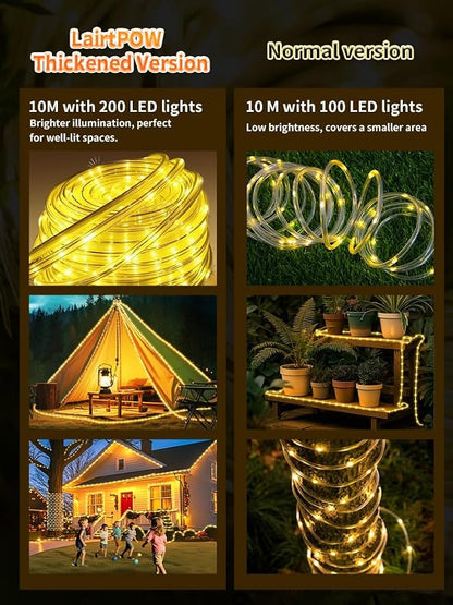 Thicker Tube Solar Rope Lights with Remote for Garden Decoration ,39FT 200LEDs Outdoor Solar Strip Lights for Palm Tree,IP67 Waterproof,USB Charging & 8 Modes Fairy Light for Christmas(Warm White)