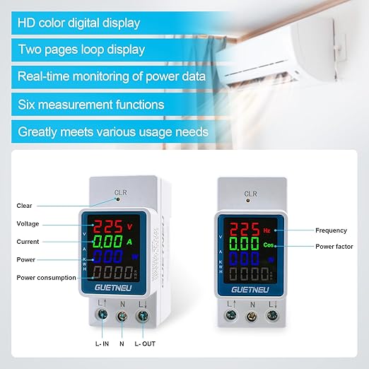 GUETNEU Color Digital Display Energy Meter Multifunction Tester Rail-Mounted Meter GT2P-E, 80270V AC, 0100A, 025KW, 50/60Hz. Measurement of Volts, Amps, Watts, Hertz, PF and Kilowatt-Hours