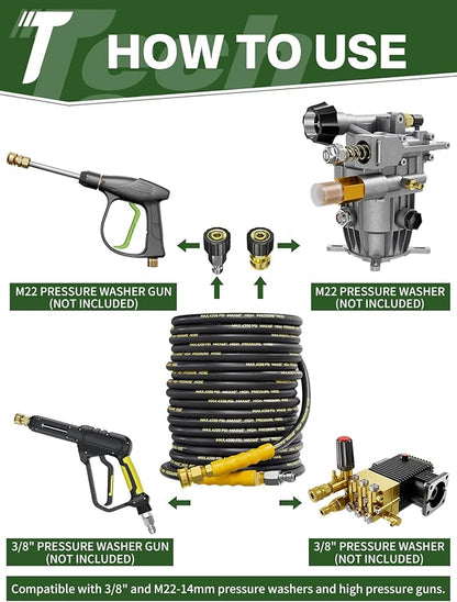 4200PSI Pressure Washer Hose 75FT with 3/8" Swivel Quick Connect for Cold/Hot Water, Kink Resistant Steel Wire Braided, Wear Resistant Power Washer Hose with 2 M22 14mm Adapter Set