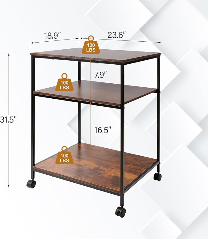 EMERIT 3-Tier Printer Stand for Laser/Inkjet/All-in-One - 23.6x18.9x31.5 Heavy Duty Cart w/Adjustable Shelves & Lockable Wheels, Storage for Scanner/Fax/Supplies - Industrial Home & Office