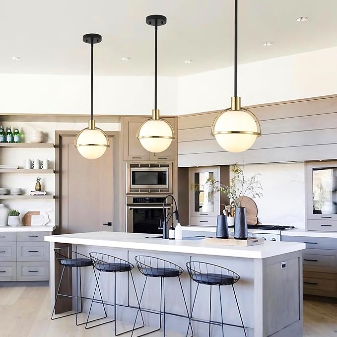 2 Pack Modern Mid Century Globe Pendant Lights,Brass Gold and Black Kitchen Island Pendant Lighting with Milk White Glass Shade,Hanging Pendant Light Fixtures for Living Room Bedroom