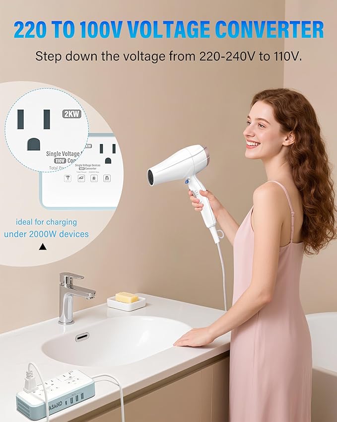 220V to 110V Voltage Converter US to Europe, 2000W Max International Power Converter with 4 USB Charging, Power Converter for European with Travel Plug Adapter