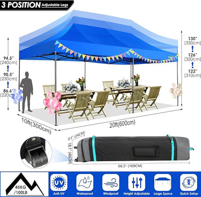 COBIZI 10x20 Heavy Duty Pop up Canopy Tent with 6 sidewalls Easy Up Commercial Outdoor Wedding Party Tents for Parties All Season Wind & Waterproof Gazebo with Roller Bag, Blue(Frame Thickened)