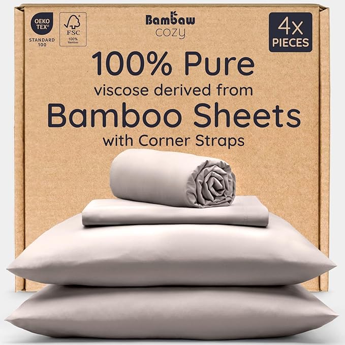 Bambaw 100% Viscose Derived from Bamboo Sheets King Size Set – 4pcs Luxury Bed Sheet Set, Best Cooling Sheets for Hot Sleepers, Soft & Breathable, Fits Up to 16'' Deep Pocket (Sand)