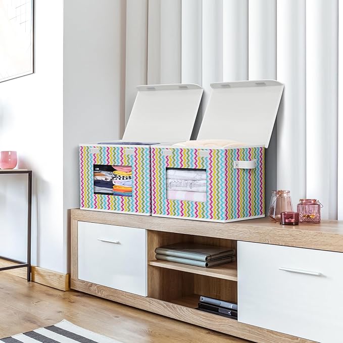 Univivi Fabric Foldable Storage Boxes [4-Pack] Large Collapsible Stackable Storage Bins with Lids, Closet Organizers and Storage Cube Basket for Home, Office, Bedroom (Colorful, 17”x 12” x 12”)
