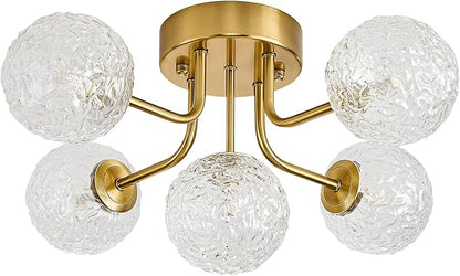 Sputnik Semi Flush Mount Ceiling Light Mid Century Modern Gold Ceiling Light 5 Lights Clear Glass Globe Chandelier for Bedroom Kitchen Entryway Closet