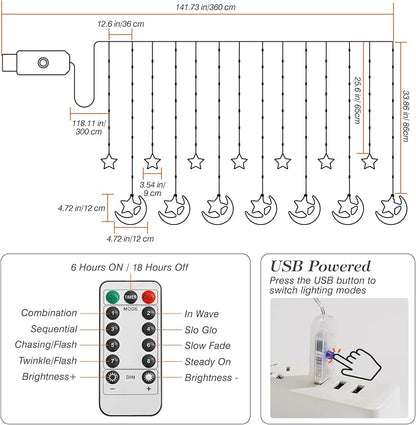 Lewondr Ramadan Curtain String Lights, 138 LED Moon Star Fairy Lights with 6H Timer, 8 Modes, Remote Control, USB Powered Curtain String Light, Eid Mubarak Decorations for Ramadan Home Decorations