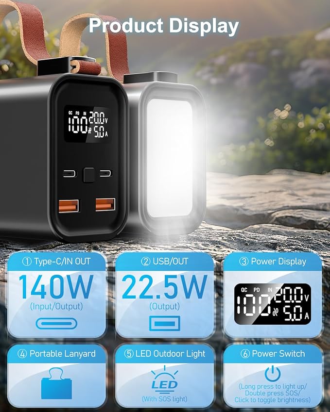 140W Laptop Portable Charger Power Bank 50000mAh(185Wh), Power Station PD 3.1 QC4.0 Fast Charging External Battery Pack Aluminium alloy with 4 Outputs USB-C LED Light for Outdoor Emergency-Gray