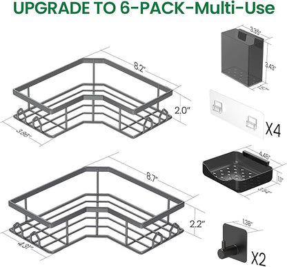 Adhesive Shower Caddy, 6 Pack Corner Bath Organizer, Rustproof Stainless Steel Shower Shelves with Large Capacity, No Drilling Shelves for Bathroom Storage, Home, Kitchen Decor (Dark Grey).