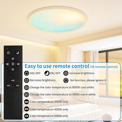 20 Inch Flush Mount Ceiling Light Fixture,43W Dimmable Ceiling Light with Remote, 3000K/4500K/6000K Adjustable White Ceiling Lights, Blue Sky LED Round Flat Panel Light for Kitchen, Bedroom