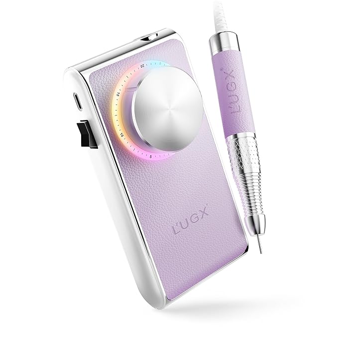 L'UGX Professional Nail Drill 30000RPM, Cordless Rechargeable Electric Nail File for Acrylic Nails Gel Polishing, Efile Nail Kit for Manicure Pedicure, Low Noise Low Vibration, 7Pcs Drill Bits, Purple
