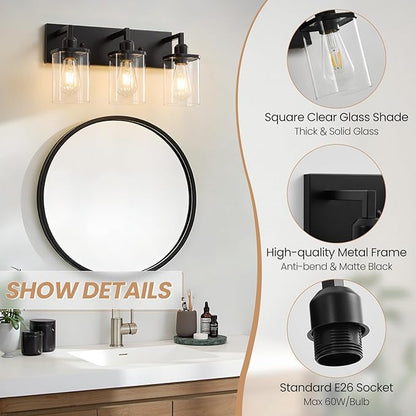 3-Light Bathroom Vanity Light Fixtures, Modern Matte Black Bathroom Lighting Fixtures Over Mirror with Square Clear Glass Shades, Bath Wall Sconce Lights for Dressing Table, Bedroom, Hallway