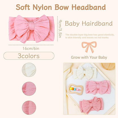 JOYOYO 3 Pcs Soft Wide Turban Baby Headbands with Double-Layer Bow for Baby Girls, Newborns, Toddlers(Beige, Pearl Pink, Pink)