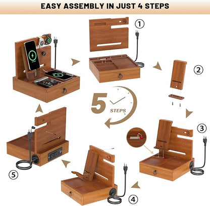 Wood Phone Docking Station with USB Ports and Outlets, Nightstand Organizer with Charging Station, Bedside Organizer with Drawer for Watch & Accessories, Christmas Anniversary Birthday Gifts for Men