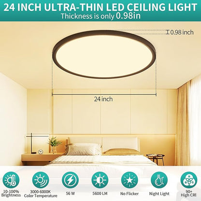 24 Inch LED Flush Mount Ceiling Light,56W Ultra-Thin Modern Round Light Fixture with Remote,Dimmable 3000K-6000K,Black,5600LM,Memory & Night Light Mode for Bedroom, Kitchen,Living Room