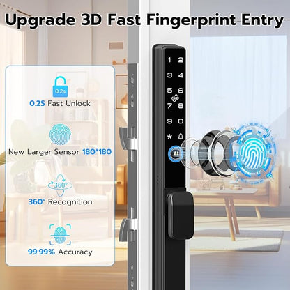 Sliding Door Lock, Smart Door Lock with Fingerprint RFID Keypad Bluetooth App Control, Electronic Biometric Digital Code with Double Hook for Thickness 22~110mm, Keyless Entry Patio Door Lock