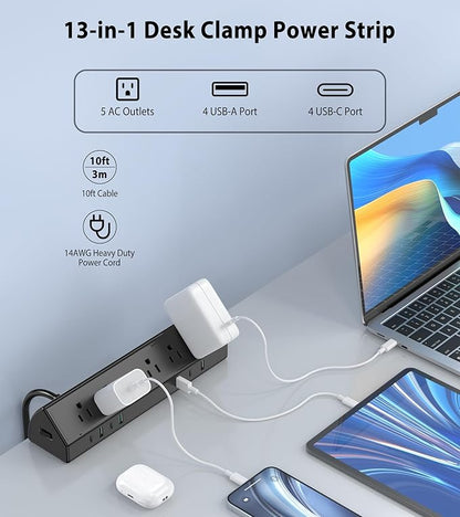 45W Fast Charging Station,Desk Clamp Power Strip,4 PD USB-C Ports,5 AC Outlets,Surge Protector Power Strip, 14AWG Heavy Duty Cord, Fits 1.9" Tabletop Edge (Black, 10 FT Cable)