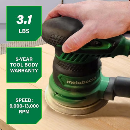 Metabo HPT 5-Inch Random Orbit Finishing Sander, Variable Speed, Palm-Style Comfort Grip, 230W 2.8 Amp Motor, 9,000-13,000 RPM, Dust Collection Hose Connector, Compact and Lightweight Design, SV13YST