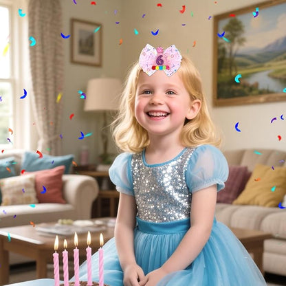 2Pcs Birthday Hair Bow for Baby Girls 1 2 3 4 5 6 Years, Pink Confetti Ice Cream Party Decorations, Sparkling Bows Hair Accessories for 6th Birthday