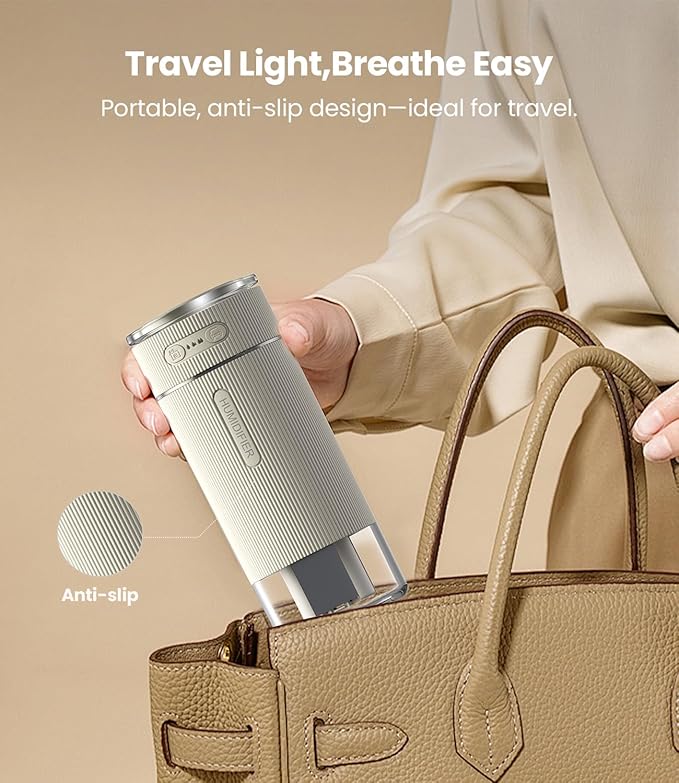 WSKEN Portable Small Humidifier for Bedroom - [Dual Nozzle Large Cool Mist] [Ambiance Lighting] [Car Smart On/Off] Ultrasonic Mini Personal Desk Air Humidifiers for Travel Office Baby Room,White