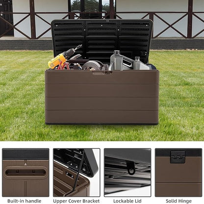 100 Gallon Plus Outdoor Storage Box Waterproof Lockable Resin Deck Box Large, Patio Storage Bin for Pool Accessories Cushion Furniture, Garden Tools, UV-Resistant Outside Delivery Brown