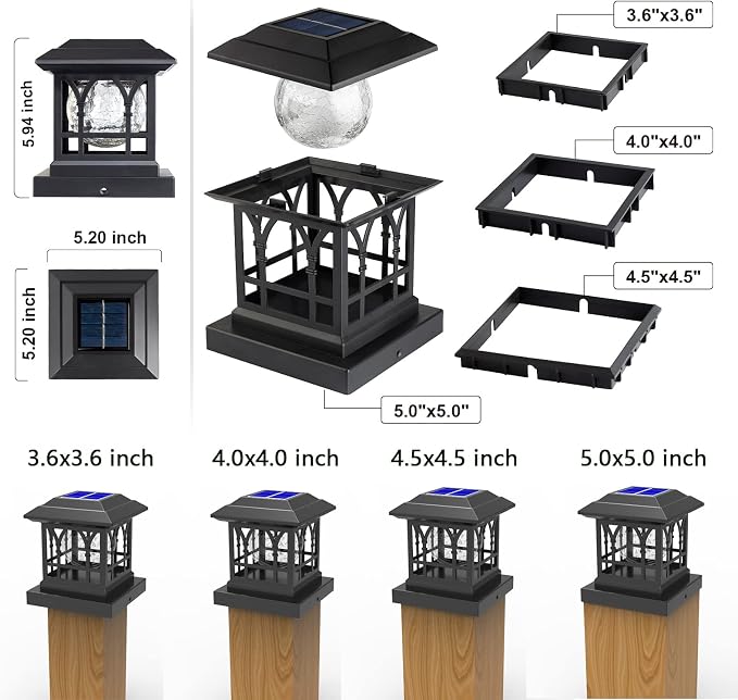 Solar Post Cap Lights, Warm White & RGB Automatic Cycling, Cracked Glass Bulb, 20 Lumens lP65 Waterproof Fit 3.6x3.6 4x4 4.5x4.5 5x5 Wood Fence Post Solar Powered Lights Black (1 Pack)