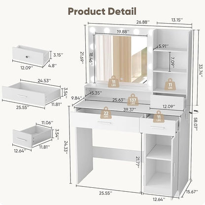 DUMOS Vanity Desk Makeup with Mirror LED Lights, White Table with Power Outlet 2 Drawer, 4 Storage Shelves Cabinet & 3 Lighting Mode Adjustable Brightness, Dressing Tables for Bedroom